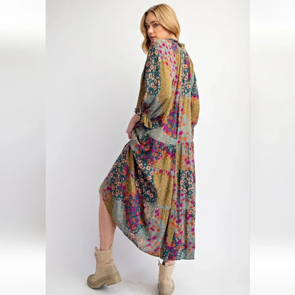 Easel Floral Patchwork Print Rayon Gauze Long Sleeve Dress New - Picture 3 of 6